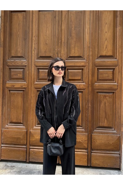 MİA NOURA Women's Front Sleeves with Bead Embroidery on Tansel Fabric Bambir Ceken