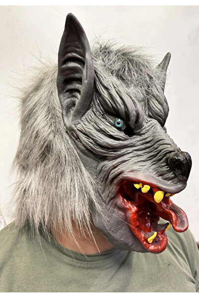 HarmonyAura Blue Eyed Wolf Mask with Full Snap-On Latex Tongue Out on the Head