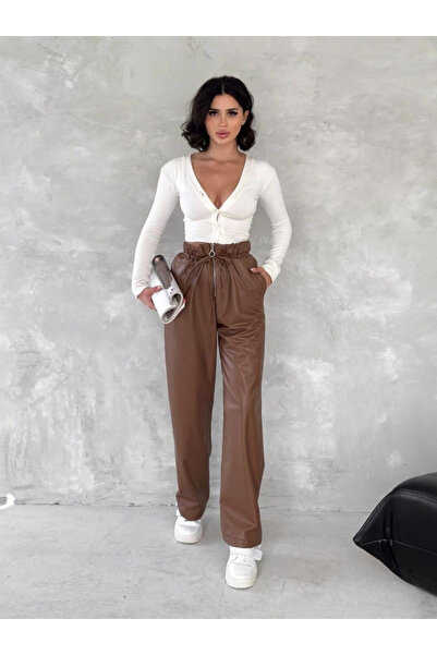 civetta High Waist Slim Belted Vegan Leather Pants - Brown