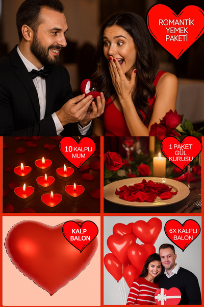 Parti dolabı Kalpli Balon Mum Romantik Yemek Seti I Love You Yazılı Balon Gül Kurusu Yıl Dönümü Evlilik Teklifi