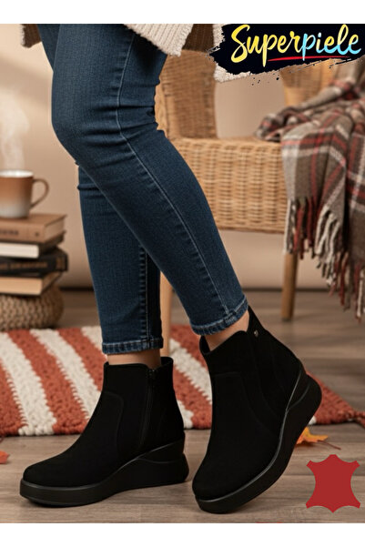 kevali Γυναικείες μαύρες μπότες από σουέτ με χοντρό πάτο