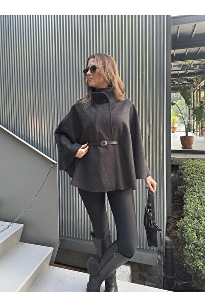 Lila Moda Belted Mock Neck Button Cashmere Cape Poncho