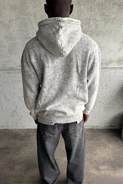 MADZEYMODA Men's Fleece-Lined Embroidery Detailed Light Gray Washed Hooded Sweatshirt Mz0406