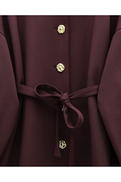 Modamorfo Balloon Sleeve Belted Front Buttoned Scuba Suit - Burgundy