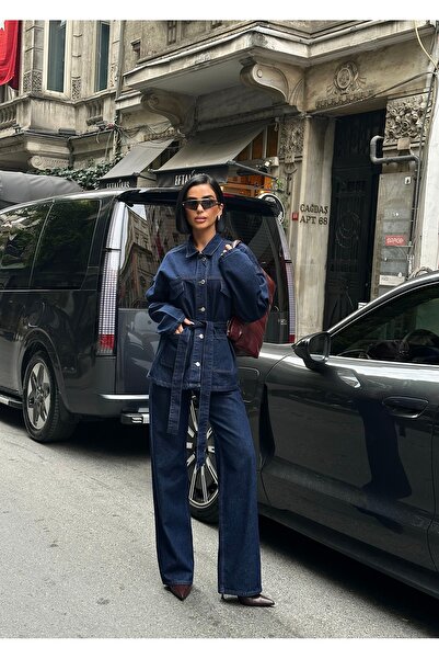 POP STORY Tied Denim Suit Oversized Jacket and High Waist Pants