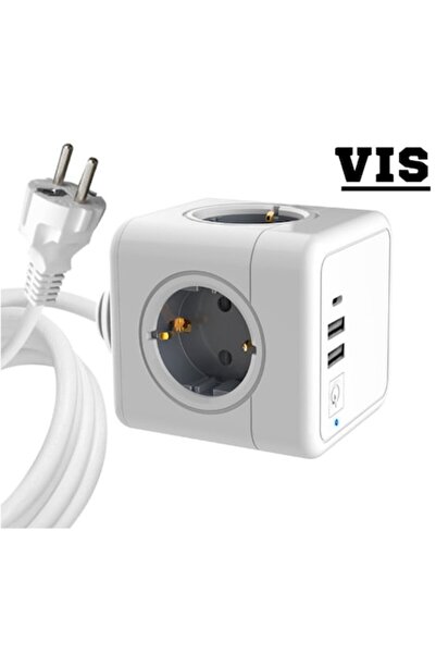 VİS prelungitor tip cub, cablu de 1,4 m, 4 prize UE, 2xUSB, 1xType-C, 220-250V, alb