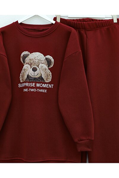 Modamorfo Teddy Bear Printed Fleece-Lined 3 Thread Sweat Set - Claret Red