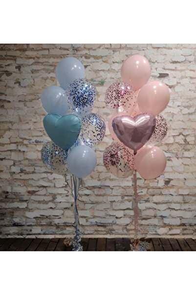 Öztürkpartievi Mavi Pembe Konfeti ve Kalp Folyo Balon Seti – Doğum Günü & Parti Süsleme -Cinsiyet Belirleme 25 Pcs