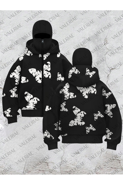 valeriae Unisex New Current Masked Double Layered Balaklava Hooded Oversized Butterfly Printed Sweatshirt