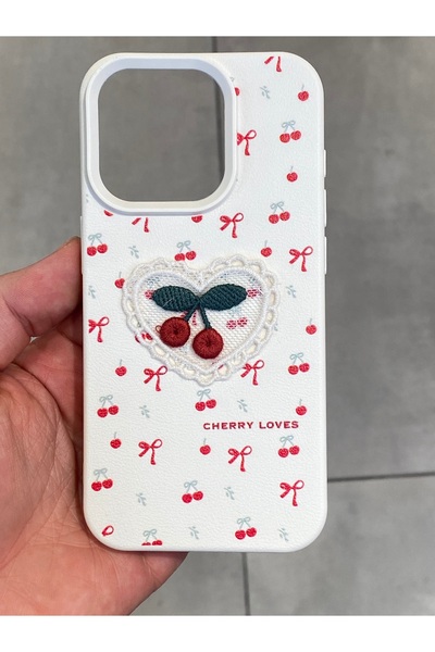 Mee.co iPhone 15 Pro Compatible Embroidered Cherry Pattern Case Cherry Figured Knitted Phone Case