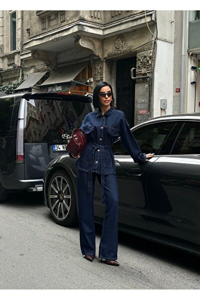 POP STORY Tied Denim Suit Oversized Jacket and High Waist Pants
