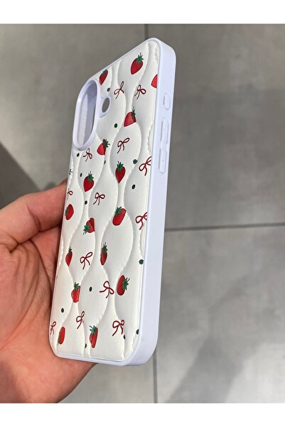 Mee.co iPhone 16 Compatible Strawberry Pattern Phone Case Faux Leather Case with Ribbon Pattern Stitching Detail