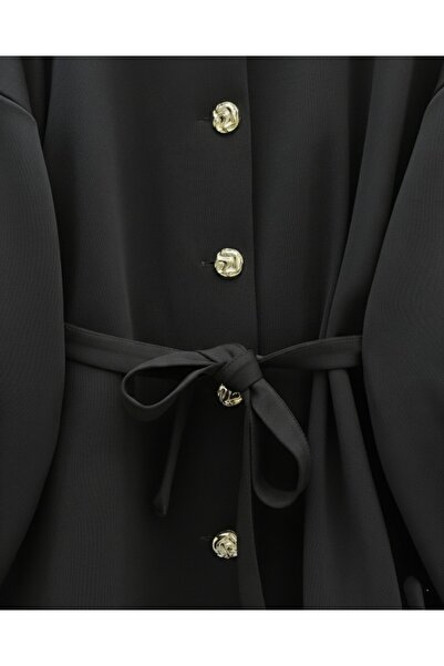 Modamorfo Balloon Sleeve Belted Front Buttoned Scuba Suit - Black