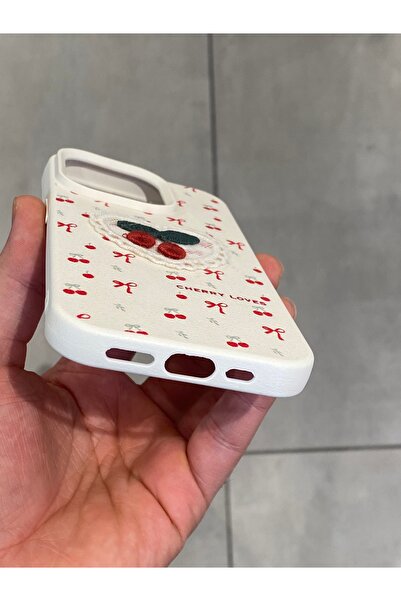 Mee.co iPhone 15 Pro Compatible Embroidered Cherry Pattern Case Cherry Figured Knitted Phone Case