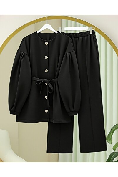 Modamorfo Balloon Sleeve Belted Front Buttoned Scuba Suit - Black