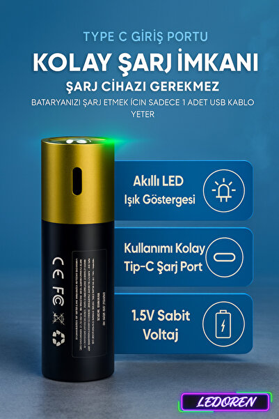 L'eDoren USB Type-C Şarjlı AAA Pil 1.5V 1000+ Kez Şarj Edilebilir Lityum Pil Kalem Pil (2’li Paket)