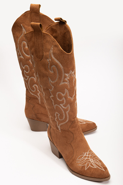 MS SUGAR SHOES Women's Closed Toe White Embroidered Detailed Long Stylish Cowboy Boots Tan