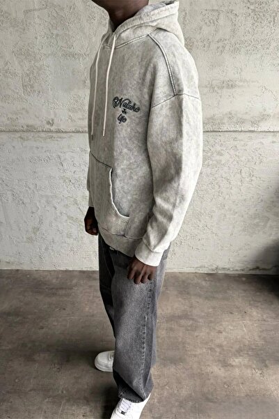 MADZEYMODA Men's Fleece-Lined Embroidery Detailed Light Gray Washed Hooded Sweatshirt Mz0406