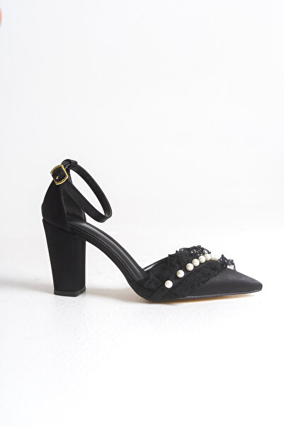 FOLLOWIN Women's Bride Pearl Lace Detailed Thick Heeled Special Occasion Wedding Bridal Shoes Black Satin