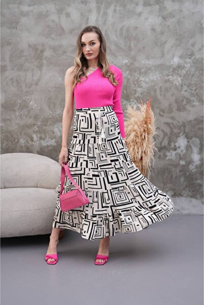 Polologin Butik Black and White Loose Fit Ethnic Pattern Viscose Skirt