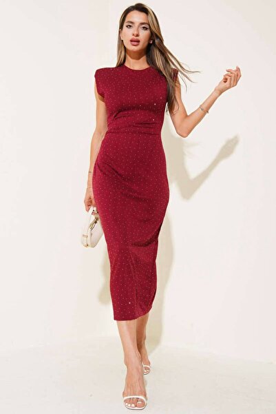 Varyete Stone Print Sleeveless Shoulder Pad Piece Slit Crepe Dress