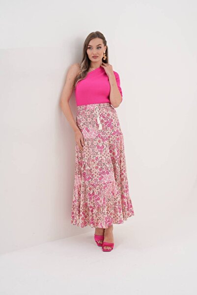 Polologin Butik Pink Small Patterned Viscose Skirt