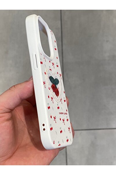 Mee.co iPhone 15 Pro Compatible Embroidered Cherry Pattern Case Cherry Figured Knitted Phone Case