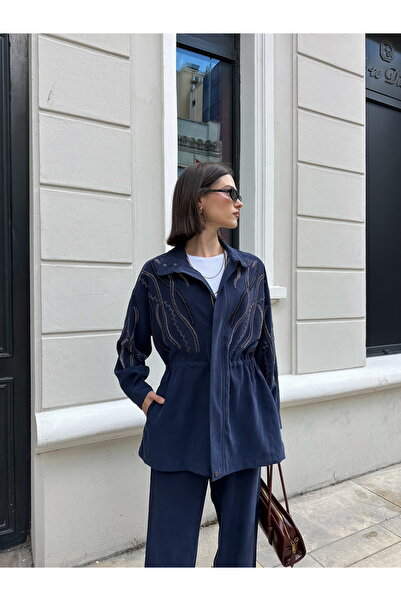 MİA NOURA Women's Front Sleeves with Bead Embroidery on Tansel Fabric Bambir Ceken