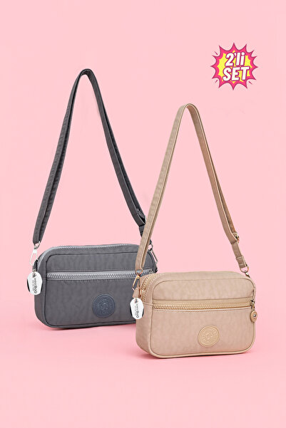 westbag Women's Crossbody Three-Compartment Zippered Crinkle Casual Shoulder Bag Gray and Beige Set of 2