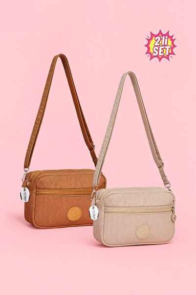 westbag Women's Crossbody Three-Compartment Zippered Crinkle Casual Shoulder Bag Brown and Beige Set of 2