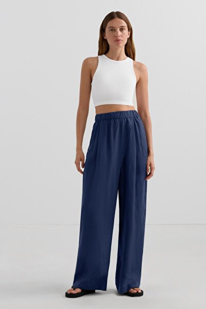 Oysho 100% linen wide straight-leg trousers with crossover front