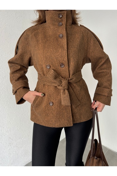 Lila Moda Short Oversized Lined Pocketed Cashmere Jacket Coat