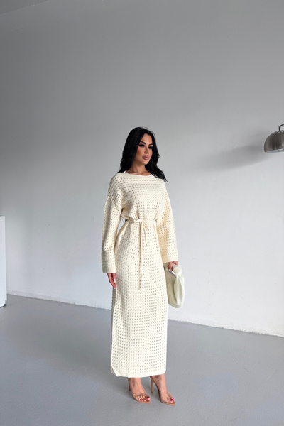 LİLA İSTANBUL Crew Neck Waist-Tied Lined Knitwear Cream Dress (S/M/L/Xl Compatible Standard Size)