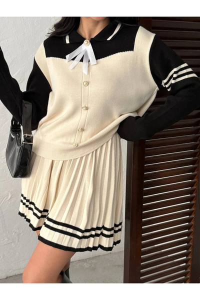 Lusin Women's Ecru Stylish Rose Bow Detailed Blouse Skirt Two-Piece Knitwear Set