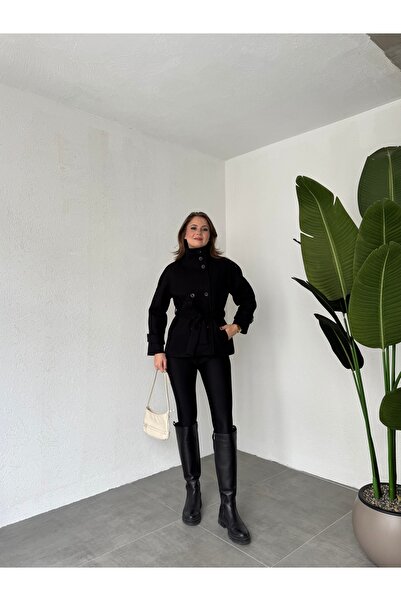 Lila Moda Short Oversized Lined Pocketed Cashmere Jacket Coat