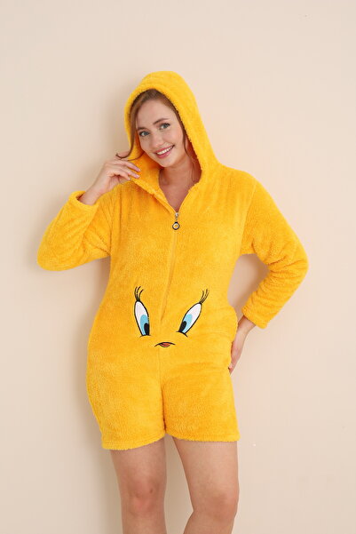 Mrs Justin Kadın Welsoft Sarı Civciv Sevimli Figür Uzun Kollu Kapüşonlu Cepli Şort Tulum Peluş Pijama