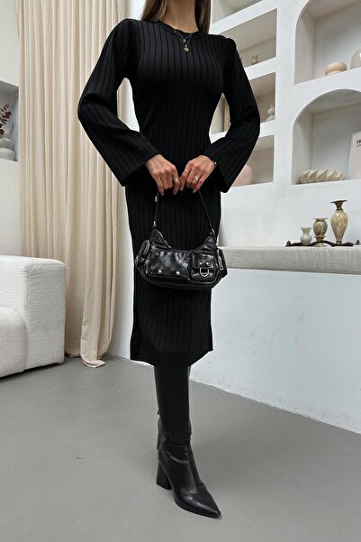 mylove Soft Textured Corded Fabric Dress Black