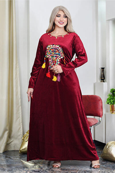 AsrymShop Winter reception abaya, velvet, brick red