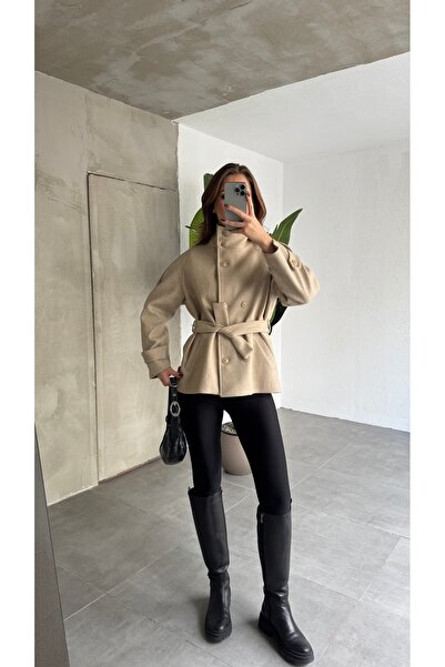 Lila Moda Short Oversized Lined Pocketed Cashmere Jacket Coat