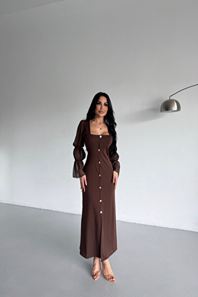 LİLA İSTANBUL Square Neck Button Detail Sleeve Tulle Brown Dress