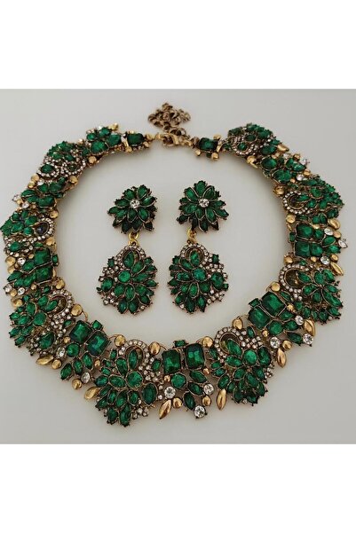 DESİGNEDBYD Büyük Yaka Çok Renkli Kolye Gerdanlık Küpe Seti Düğün Davet Mezun...