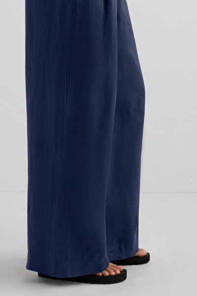 Oysho 100% linen wide straight-leg trousers with crossover front