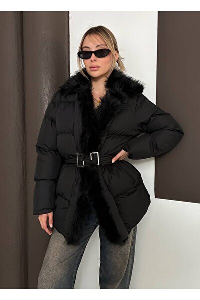 MAXXANA Feather Detailed Belted Puffer Coat