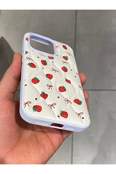 Mee.co iPhone 14 Pro Compatible Strawberry Pattern Phone Case Faux Leather Case with Ribbon Pattern Stitching Detail