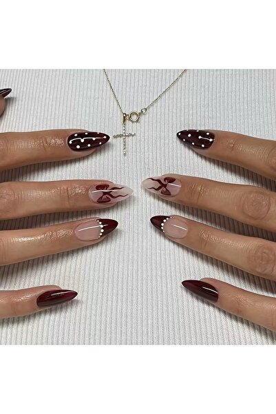 B&B Beauty 24 Adet Kırmızı Kahverengi Puantiyeli Fiyonklu Orta Boy Badem Takm...