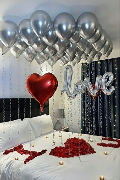 Baloncu Demmo 15 Adet Gümüş Metalik Balon, 1 Adet Love, 1 Adet Kalp Folyo Bal...