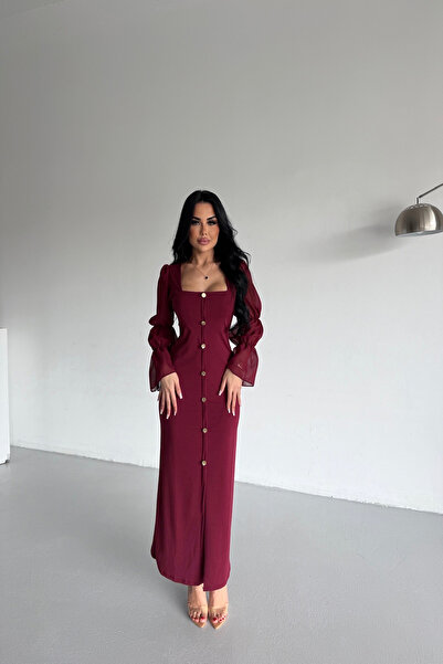 LİLA İSTANBUL decolteu pătrat Rochie burgundă cu mânecă detaliată cu nasturi și tul