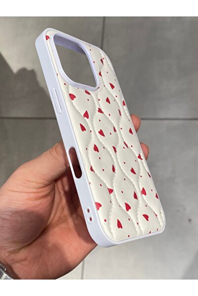 Mee.co iPhone 16 Pro Compatible Heart Pattern Phone Case Stitching Detailed Faux Leather Case