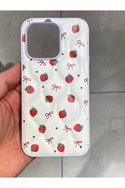 Mee.co iPhone 14 Pro Compatible Strawberry Pattern Phone Case Faux Leather Case with Ribbon Pattern Stitching Detail