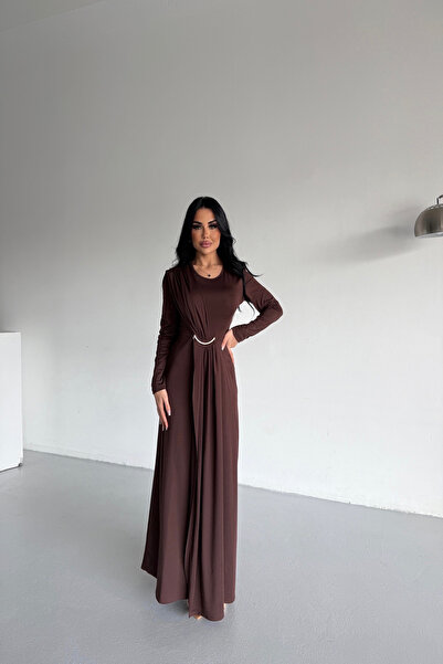 LİLA İSTANBUL Καφέ φόρεμα ειδικής σχεδίασης με λεπτομέρεια με πόρπη με λαιμόκοψη